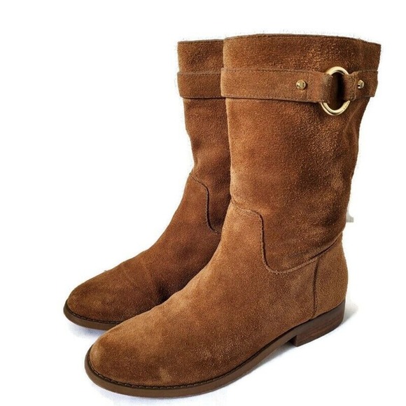 Michael Kors Logo Plate Rhea Brown Suede Boots Mid Calf Pull On Womens 5.5M US - Picture 1 of 14